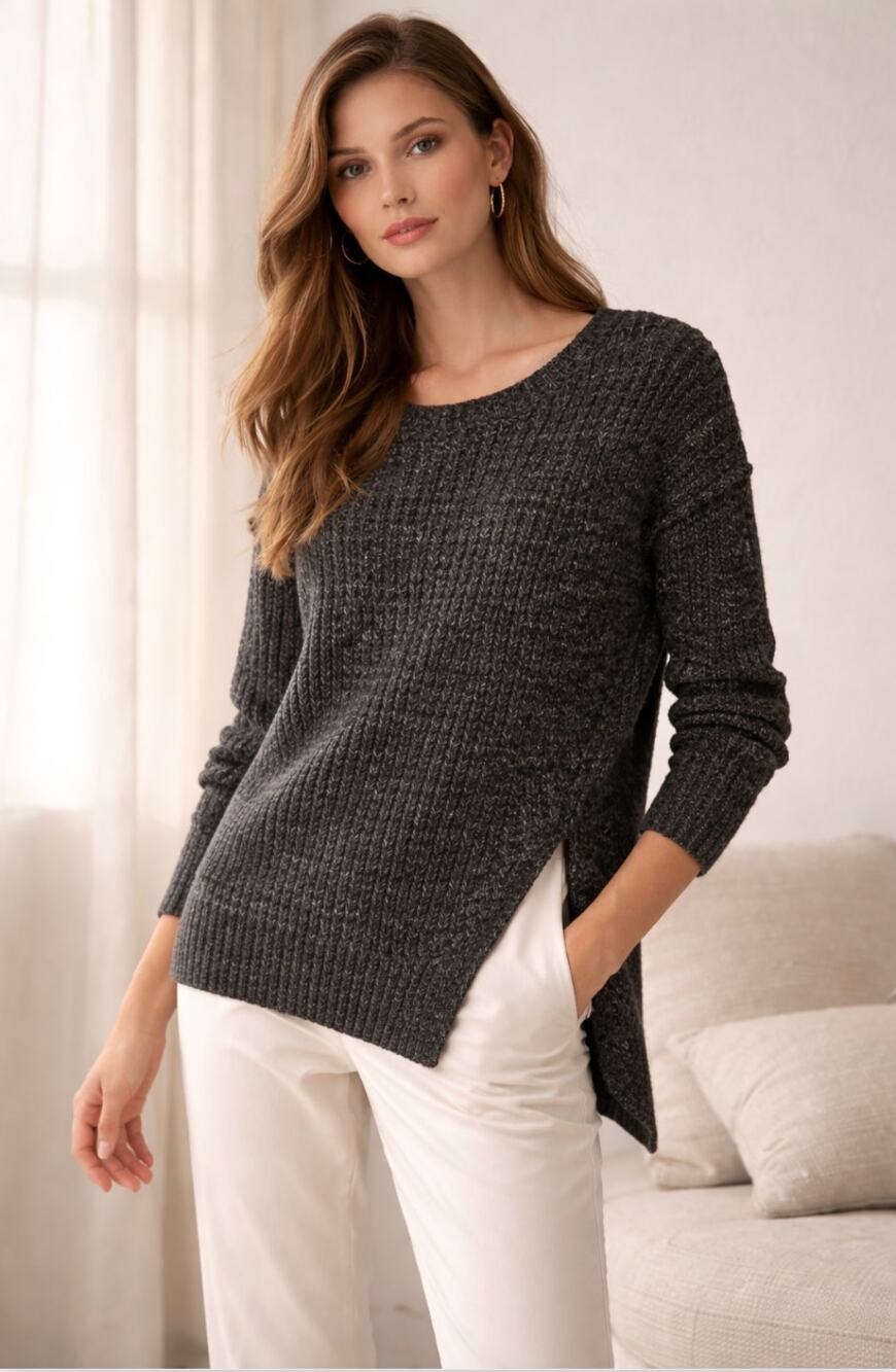 Brochu Walker Wool Blend Rib Knit Asymmetrical Side Slit Sweater XS
